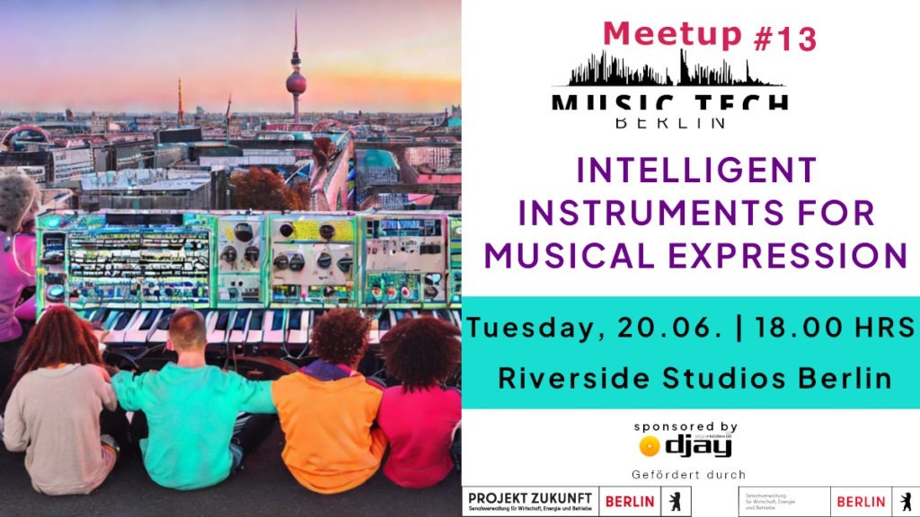 Four people in different couloured shirt sit on a rooftop in Berlin in front of a giantic synth watchin sunset over Berlin. All AI generated art